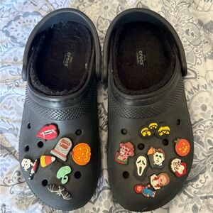 CROCS Fleece Lined Black Clogs with Colorful Charms